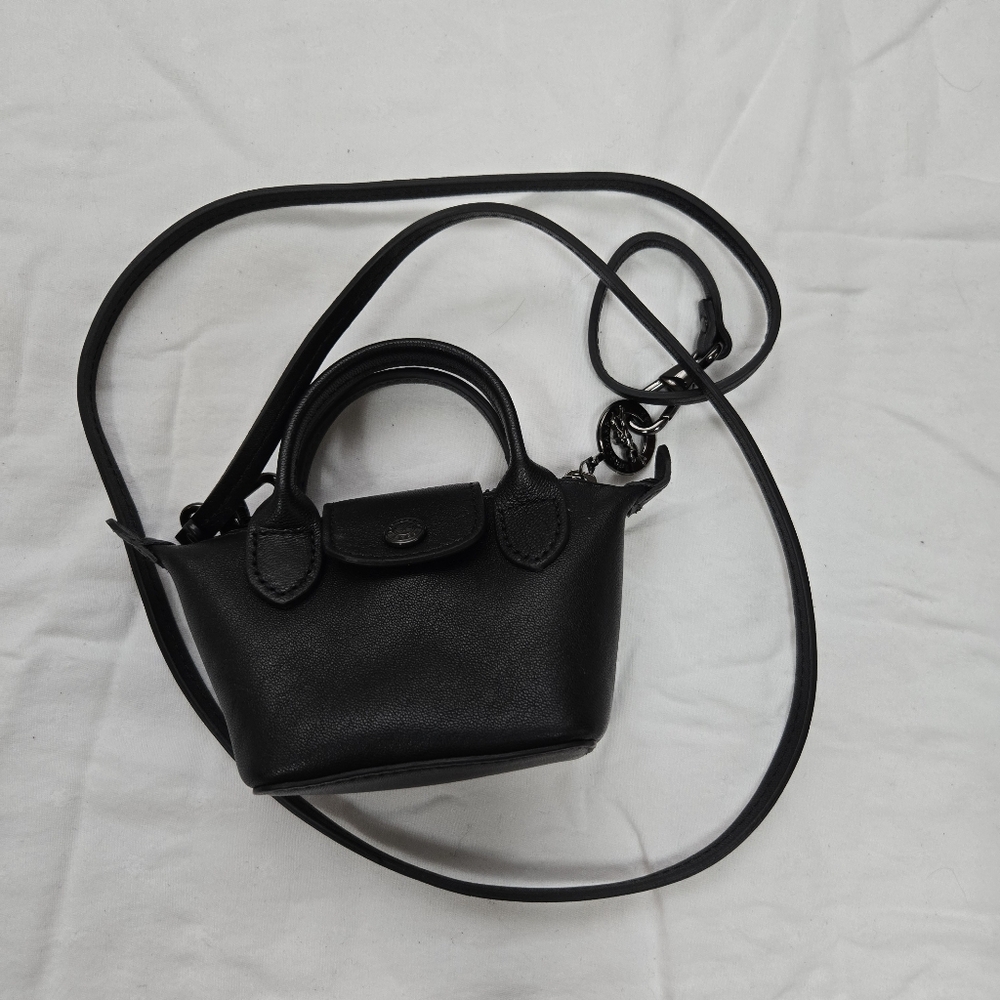 Longchamp Black Nano Le Cuir Le Pliage Crossbody Micro Purse Bag